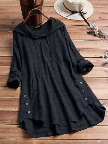 Plaid Long Sleeve Casual Hooded Blouse