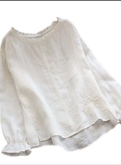 Women'S Embroidered Crew Neck Long Sleeve Relaxed Linen Top