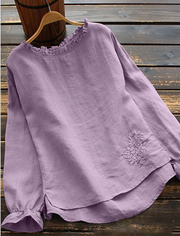 Women'S Embroidered Crew Neck Long Sleeve Relaxed Linen Top