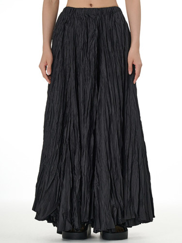 Elegant Wrinkled Pleated Elastic Waist Solid Maxi Skirt