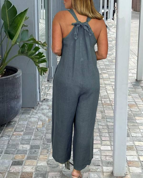 100% Linen Bow Racer Back Sleeveless Wide Leg Jumpsuit