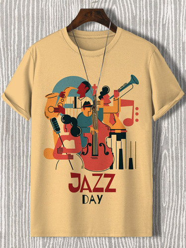 Men's Retro Instrumental Music Playing Jazz Day Print Casual T-Shirt