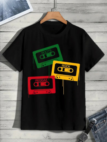 Men's Multicolor Tapes Black Music Print Casual T-Shirt