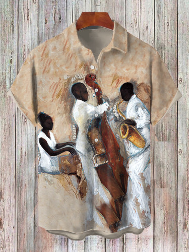 Men's Art Black Jazz Music Oil Painting Print Hawaiian Beach Shirt