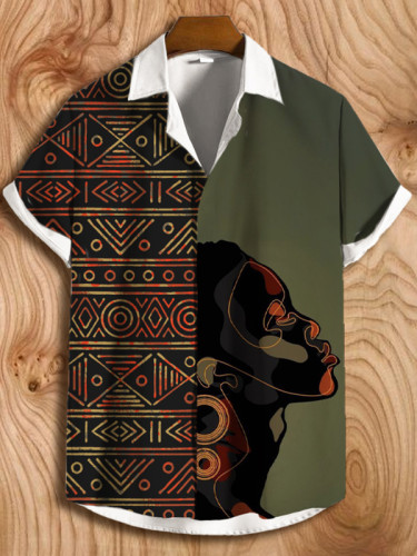 Men's African Portrait Silhouette Geo Art Print Colorblock Short Sleeve Shirt