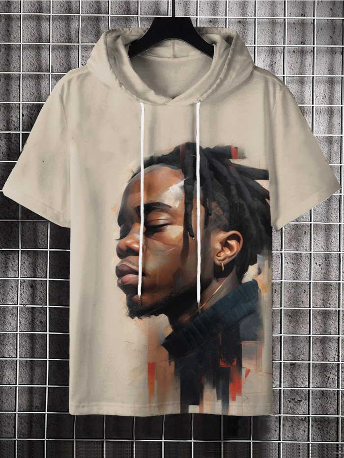 Men's Vintage Hip Hop Black Man Oil Painting Print Hooded T-Shirt