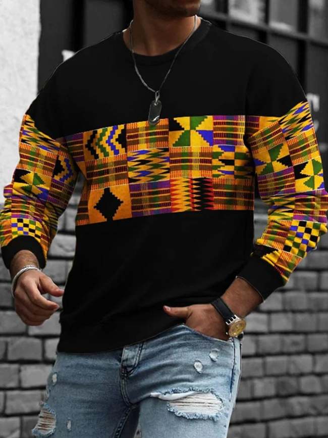 Men's Tribal Pattern Print Colorblock Black History Month Sweatshirt
