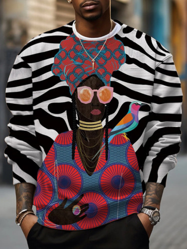 Men's Black Girl Bird Striped Art Print Color Block Raglan Sweatshirt