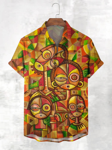 Men's Retro African Abstract Art Pattern Print Short Sleeve Shirt