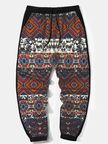 Men's Ethnic Tribal Geometric Print Patchwork Loose Drawstring Retro Sweatpants