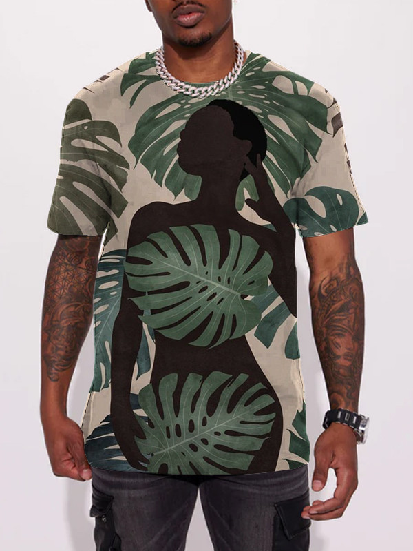 Men's African Female Palm Leaf Art Painting Printed T-Shirt