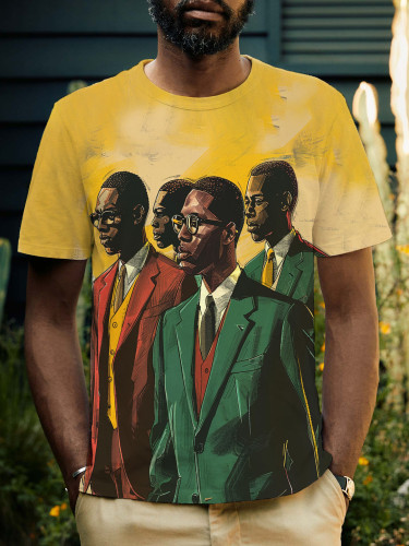 Men's Black Portrait Color Print Casual T-Shirt