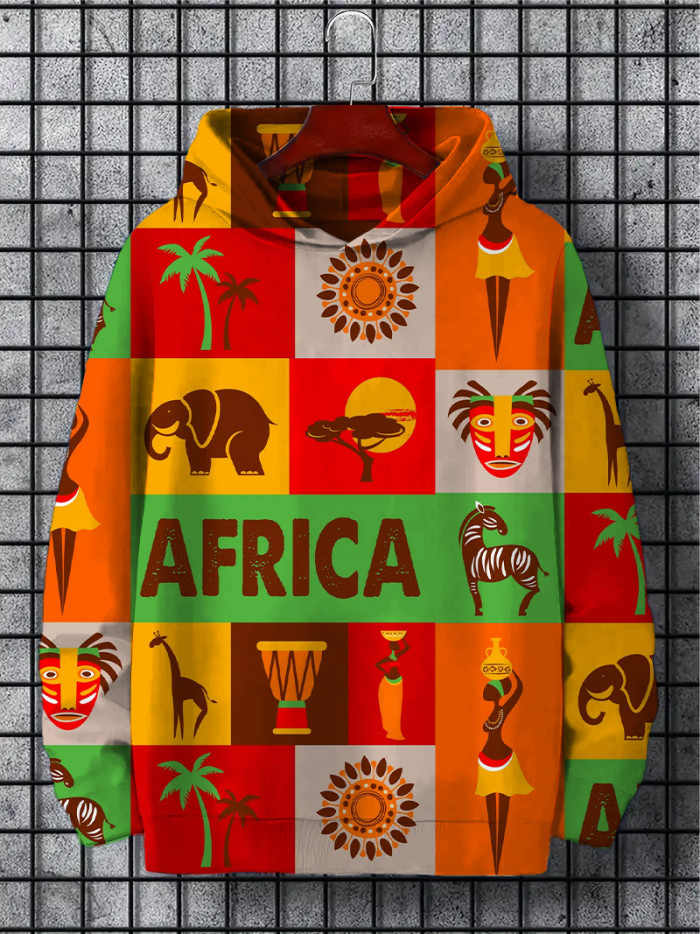 Men's African Elements Tribal Print Color Block Hoodie