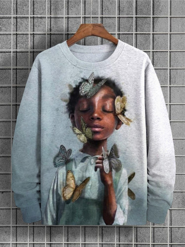Men's Please Love Peace Black Boy Butterflies Print Casual Sweatshirt