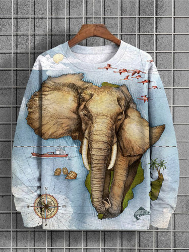 Men's Africa Map Elephant Print Long Sleeve Sweatshirt