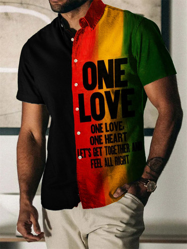 Men's Casual One Love One Heart Print Colorblock Short Sleeve Shirt