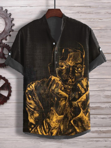 Men's Retro Black Man Silhouette Art Print Half Button Shirt
