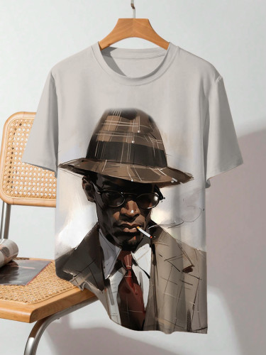 Men's Vintage Black Gentleman Art Printed Casual T-Shirt