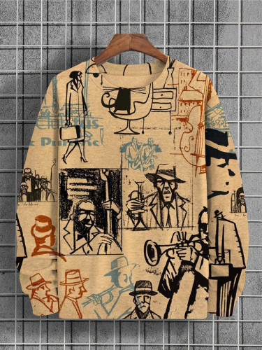 Men's Vintage Jazz Art Drawing Pattern Printed Sweatshirt