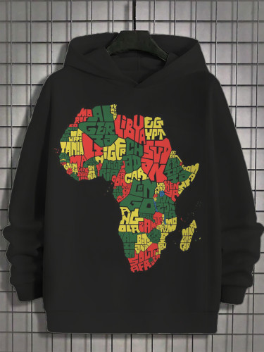 Men's Casual Collage Africa Map Print Black History Month Hoodie