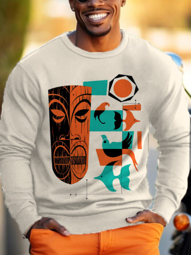 Men's Abstract African Totem Geometric Art Print Crew Neck Raglan Sweatshirt