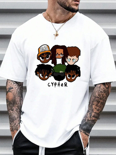 Men's Black Anime Head Cypher Pattern Print Short Sleeve T-Shirt