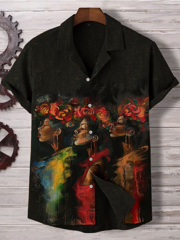 Men's African Women Floral Art Painting Print Hawaiian Shirt