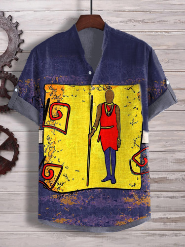 Men's African Portrait Original Totem Art Print Half Button Shirt