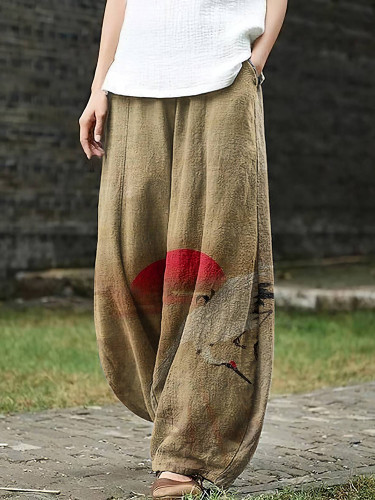 Women's Japanese Sunset Crane Pocket Loose Casual Pants