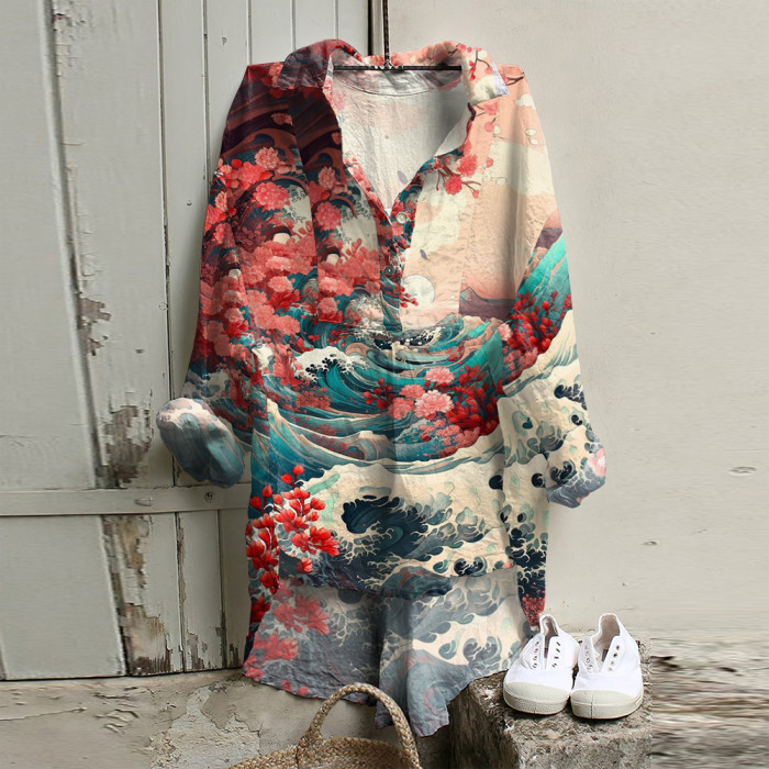 Casual Waves Floral Painting Art Printed Long Sleeve Tunic