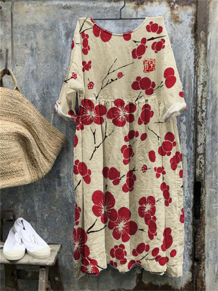 Cherry Blossom Japanese Lino Art Oversize Maxi Dress