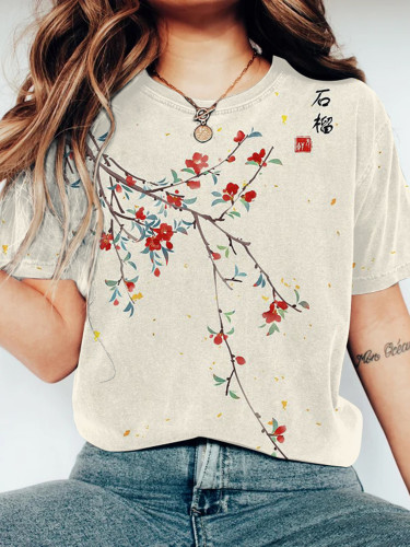 Vintage Japanese Art Floral Round Neck T-Shirt