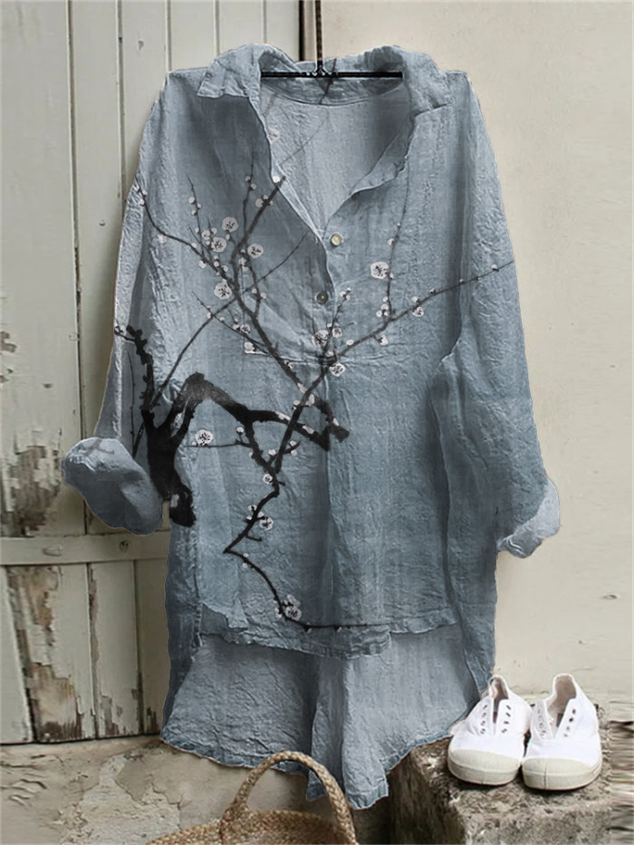 Plum Blossom Japanese Art Linen Blend High Low Tunic
