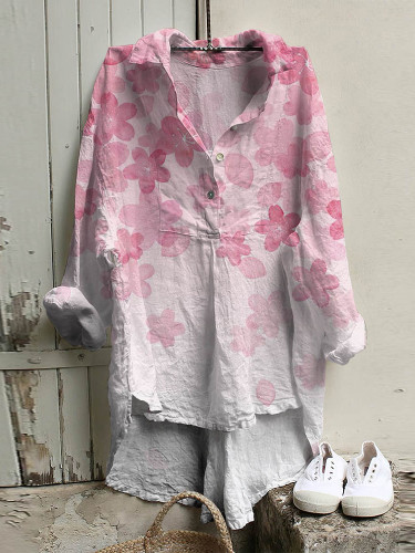 Vintage Sakura Art Cotton Linen Button V Neck Casual Shirt