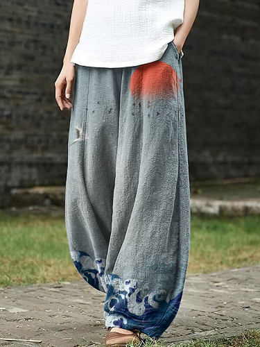 Women's Japanese Art Crane Waves Pocket Loose Casual Pants