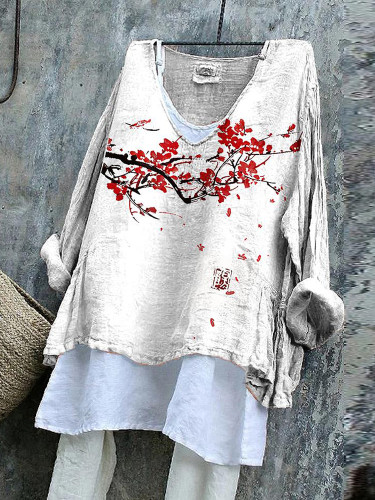 Japanese Cherry Blossoms Art Cotton Linen V Neck Casual Shirt