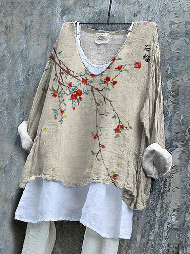 Vintage Floral Art Cotton Linen V Neck Casual Shirt