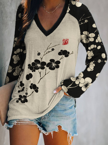 Cherry Blossom Japanese Lino Art Raglan T Shirt