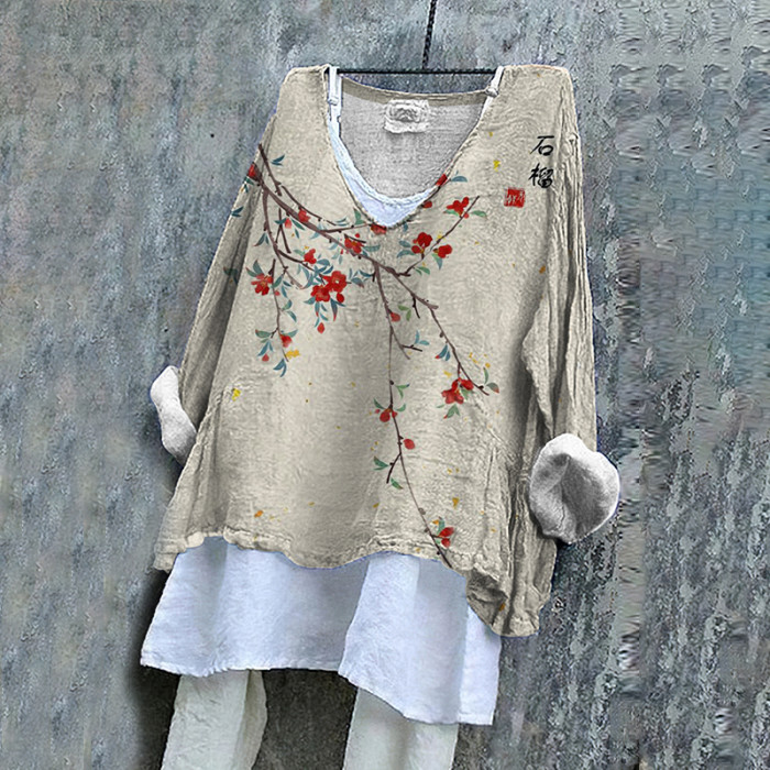 Vintage Floral Art Cotton Linen V Neck Casual Shirt