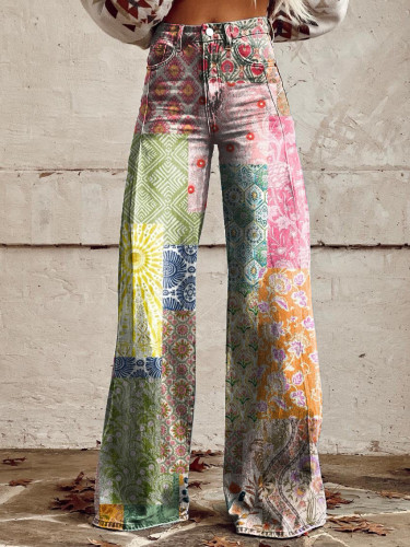Women's Vintage Floral Print Casual Wide Leg Pants