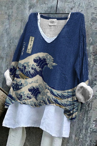 Vintage Japanese Art Cotton Linen V Neck Casual Shirt