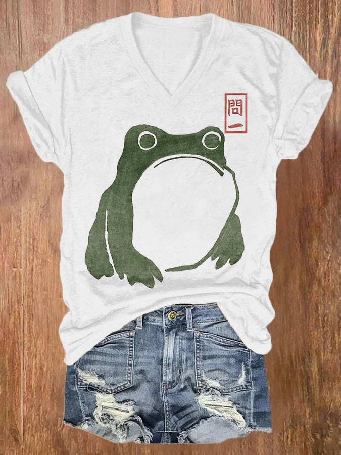 Women's Cute Frog Japanese Lino Art Painting Printed Casual T-Shirt
