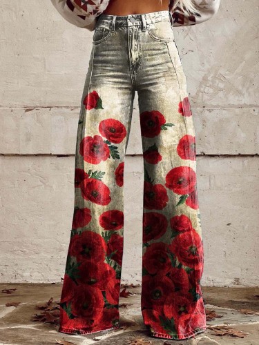 Women's Poppy Print Casual Wide Leg Pants