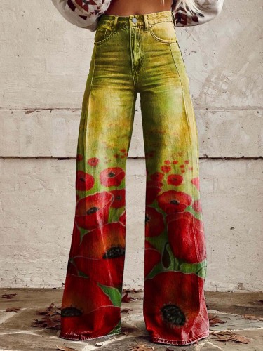 Women's Poppy Print Casual Wide Leg Pants