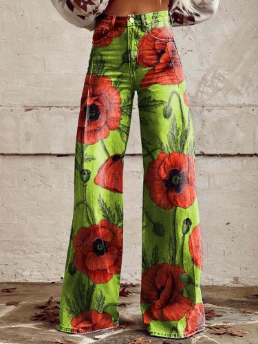 Women's Retro Poppy Print Casual Wide Leg Pants