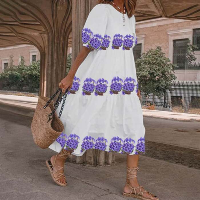 Women's Three-Dimensional Floral Print Lantern Sleeve Dress