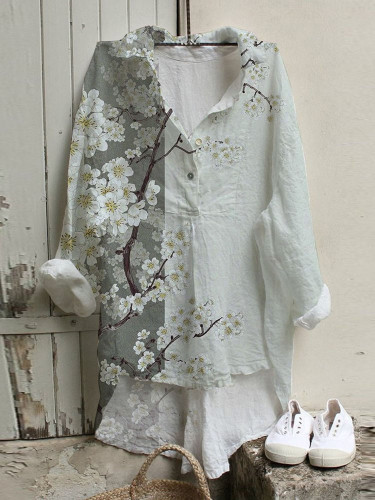 Vintage Japanese Cherry Blossom Print Loose Shirt