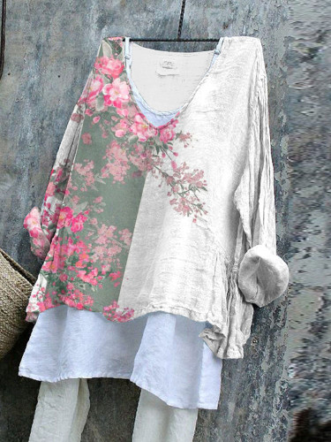 Retro Floral Contrast Print V-neck Loose Top