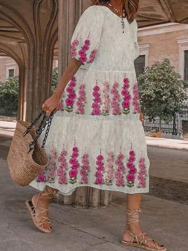 Women's Three Layer Design Art Floral Print Casual Resort Dress