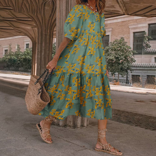 Green Casual Round Neck Floral Printed Midi Dress
